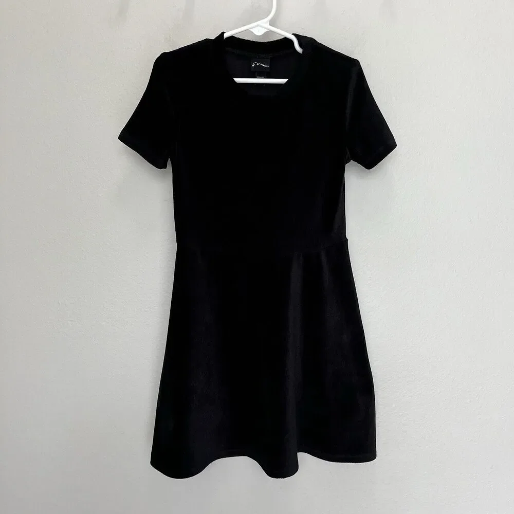 Art Class | Black Ribbed Velvet Mock Neck Short Sleeve Flare Dress XS 4/5 Girls